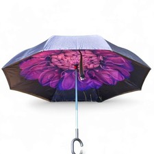 ZOMAKE Inverted Reverse Umbrella With C-Handle for Handsfree. Purple Flower 