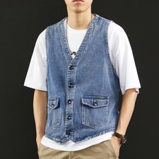 Men Denim Waistcoat Gilet Tank Top Coat Jacket Retro Casual Blue Sleeveless Chic