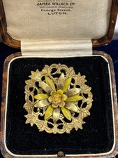 Vintage Yellow Enamel Flower Brooch Pin Textured Gold Tone Filigree
