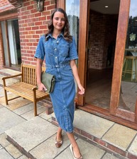 Ex M*S Midi Shirt Dress Women's Blue Denim Short sleeve Fitted Button Utility