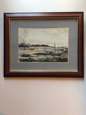 Framed watercolour of sailing vessels in a Suffolk estuary - W R Riste