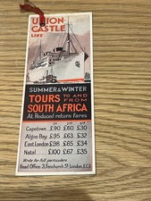 Vintage/antique Union Castle Line advertising bookmark/bookmarker