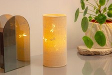 Fabric Cylinder Lamp UK 3Pin Plug, Dragonflies Design, Beige