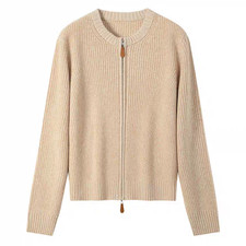 Women's 100% Wool Round Neck Zip-up Knitted Sweater-Light Brown-Size M