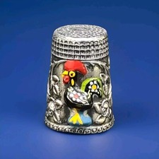 Silver Tone Enamel Gilt Thimble Cockerel Roses and Foliage Star on Top