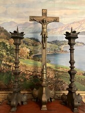 LARGE 21" BRASS CHURCH ALTAR SET CRUCIFIX / CROSS CANDLESTICKS 19th CENTURY