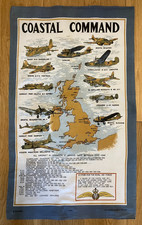 Vintage Tea Towel - Coastal Command RAF World War II 2 Aircraft Map Retro