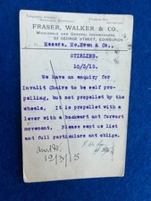 VINTAGE POSTCARD MCEWAN ABBEY ROAD  WHEELCHAIR ENQUIRY  STIRLING 1915 WW1 WOUND?