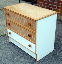 Vintage brutalist chest of drawers 1970s white laminate cane rattan bedroom