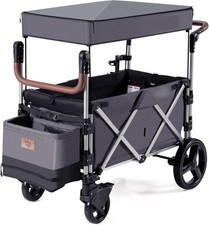 Grey Push Pull Stroller Wagon 2-Seater Folding Cart w/ Canopy 5-Point Harness