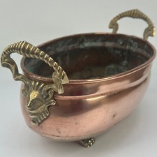Vintage French Oval Shape Copper Planter With Ornate Brass Rams Head Handles