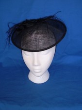 Black Mesh Mini Saucer Fascinator with Black Flower and Feathers on Headband