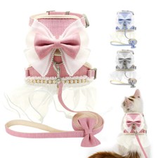 Cute Girl Dog Harness Dress & Lead Pearl Bowtie Fancy Small Pet Cat Vest Clothes