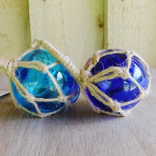 Glass Float Two Nautical Buoys 2"/5cm Dia With Rope Hangers x 2 Turquoise & Blue