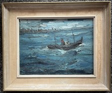 MERSEY River  LIVERPOOL- Ria Tug Oil On Board Vintage Mid Century Painting Retro
