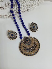 Blue Gold Plated Mala Set with stud Earing Asian Indian Jewellery Long Necklace