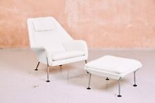 Vintage Ernest Race Heron Arm Chair And Footstool In White Boucle