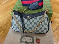 Gucci Ophidia Small Bag Dark Blue Leather Purse Gold GG and Keychain Genuine