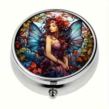 Round Flower Fairy Metal 3 Compartment/ Mirror Pill Jewelry Trinket Box