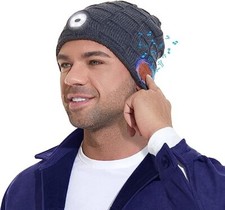 Bluetooth Beanie Hat with LED Headlight and Headphone Speakers & Mic, Grey