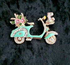 Scooter Moped Brooch Vintage Inspired Jewellery Gift Rhinestone Dog Motorbike 