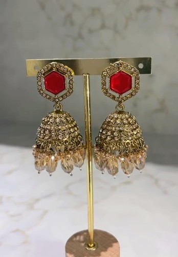 Gold tone red hexagon - red,
