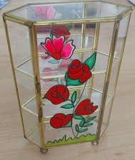 Vintage Hexagonal Glass & Metal Small Curio Cabinet Showcase Display With Mirror