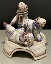 Vintage Studio Pottery Clowns Sculpture Signed ? Statue Kitsch Retro Art Quirky