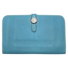 HERMES Dogon GM purse Long Wallet Unisex Blue Light Blue SilverHardware Togo