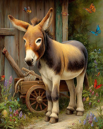 Donkey beside wooden - cart, with