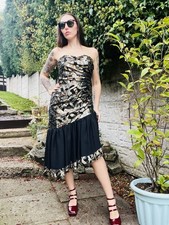 Vintage 1980s Party Dress Black Gold Size 12 Strapless Fitted Asymmetric Frilly