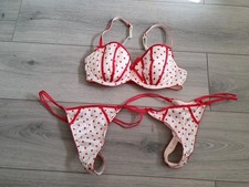 BRAND NEW La Senza Ivory & Red Spot Satin Bra Set Size 34C & 12 & 12