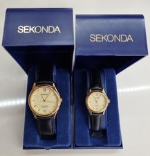 Sekonda  Couple Watch  Set His & Hers Gold Tone Case Black Leather Strap