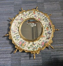 Large Vintage Burleigh Ware Floral Porcelain And Brass Convex Mirror 48cm