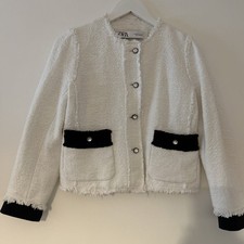 Zara Blazer White Boucle Textured Tweed Jacket Size Medium 10 12 Diamanté Button