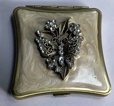 BEAUTIFUL VINTAGE COMPACT MIRROR ENAMELLED FRONT, BUTTERFLY, FLOWERS GEM SET
