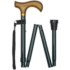Dark Green Aluminium Folding 4-Part Walking Stick Derby Wooden Handle 32" - 37"