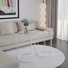 2 Piece Round Nesting Side Tables Set Tempered Glass Top Metal Leg Coffee Tables