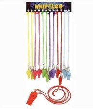 12 x PLASTIC NEON  COLOUR SPORT WHISTLE FOOTBALL RUGBY REFEREE NECK WRIST CORD