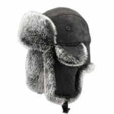 Vintage Men's Trapper Hat Cap Ski Russian Cossack Faux Fur Suede Leather Winter