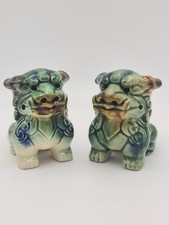 Vintage Pair Ceramic Foo Dogs Chinese Guardian Lions Drip Glaze Figurines 9cm 