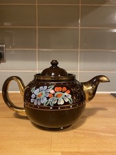 Vintage Brown Teapot with a Gold Pattern and Painted Flowers 