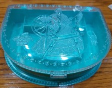 Vintage Hommer Mfg Plastic Sewing Jewelry Box Spinning Wheel Cat Mint Green