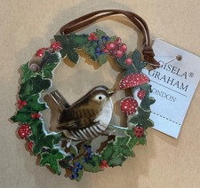 Woodland Bird Hanging Decoration~Wooden~Gisela Graham~ Wren Toadstools Berries