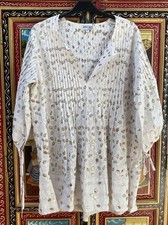 Juliet Dunn London White Cotton Metallic Gold Leaf Cover Up Top Tunic Sz 2 14 16