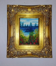 Vintage Oil Painting Framed In Wood & Gilt Ornate Frame - Poppies Landscape