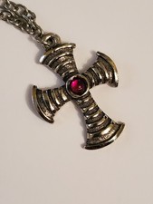 Silvertone Cross Pendant With Red Gem On Silvertone Chain Necklace