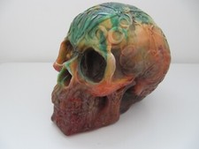 Large faux Amber Human Skull. Celtic Tribal design. Amber, Red & Green. 16 cm
