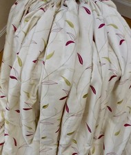 FABULOUS BESPOKE VERY WIDE CREAM FAUX SILK CURTAINS WITH EMBROIDERED LEAF DETAIL