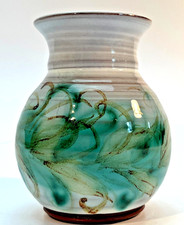 Vintage Skegness Pottery Vase 10.5cm Green & Brown Studio Art Hand Painted